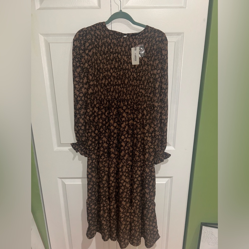 Brown and Tan Smocked Sundress with Bishop Sleeves